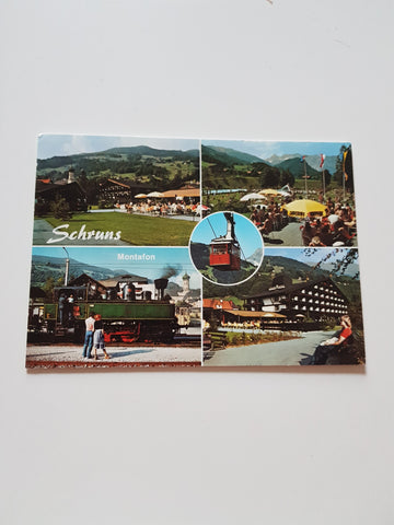 AK Schruns. Musikpavillon/Haus des Gastes Alpenbad Montafon Hist. Dampflokomotive.