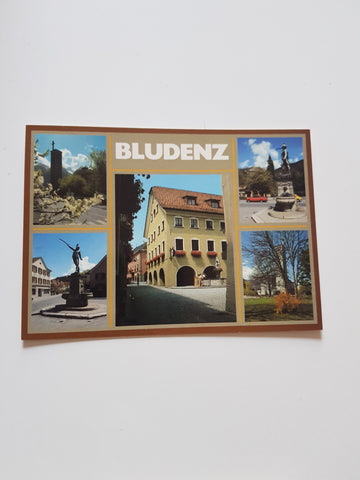 AK Bludenz. Altes Rathaus, Hl. Kreuz-Kirche und Riedmillerdenkmal.