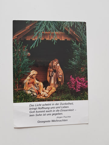 AK Krippe. Figuren: Holzschnittwerkstätten Gg. Lang sel. Erben, Oberammergau.