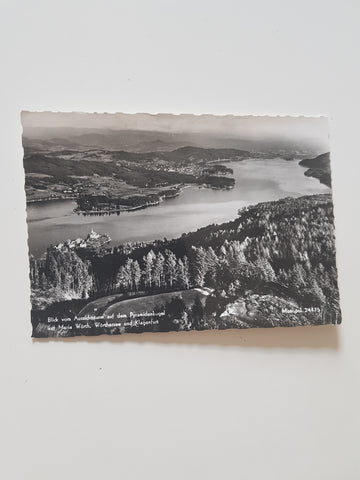 AK Blick vom Aussichtsturm auf dem Pyramidenkogel auf Maria Wörth, Wörthersee und Klagenfurt.