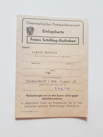 Österreichisches Postkassenamt Einlagekarte Freies Schilling-Guthaben. Sparer: ... Wohnort: Weizelsdorf Kappel 28.