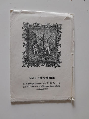 Sechs Ansichtskarten nach Federzeichnungen von Willi Kadletz zur 500-Jahrfeier des Marktes Vordernberg im August 1953.