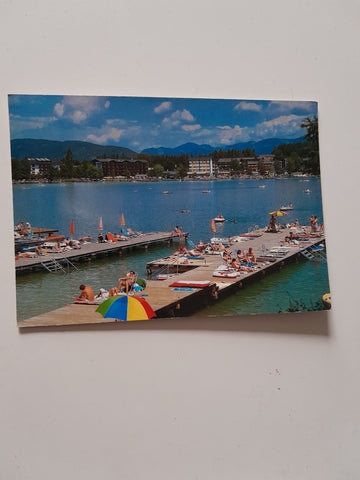 AK Badeleben am Klopeiner See mit Blick auf den Ferienort Seelach.