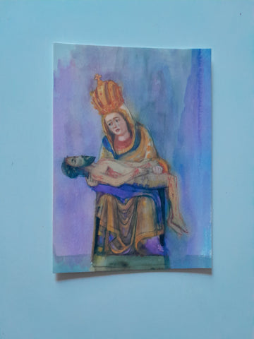 AK Pfarr- und Wallfahrtskirche Frauenberg - Maria Rehkogel. Gnadenstatue am Hochaltar. Aquarell von Brigitte Szyszkowitz.