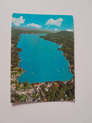 AK Blick auf die Veldener Bucht und den Wörthersee.