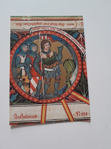 Karte "Bärenhaut" Liber fundatorum Zwetlensis monasterii (Zwettl Stiftsarchiv) Azzo Stammvater der Kuenringer mit drei Knappen.