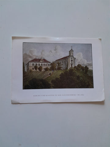 Billett-Fragment Kirche und Kloster in Bad Gleichenberg um 1860. (nach einem Stich von C. Reichert.