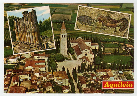 AK Aquileia – Foro Romano. Mosaico nella Basilica di Popo e panorama aereo.