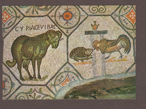 AK Aquileia - Basilica - Cripta degli scavi. L'ariete con l'acclamazione: Cyriace vibas e lotta del gallo con la tartaruga. (Mosaico pavimentale del IV secolo)