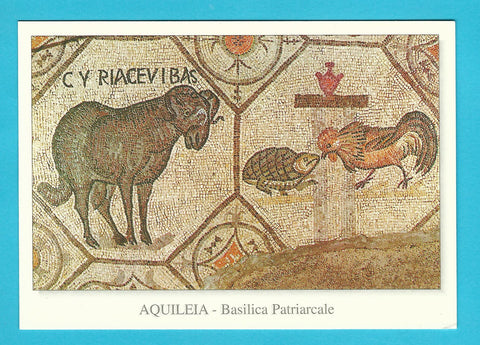 AK Aquileia. Basilica - Cripta degli scavi - pavimento musivo. Lotta del gallo con la tartaruga.