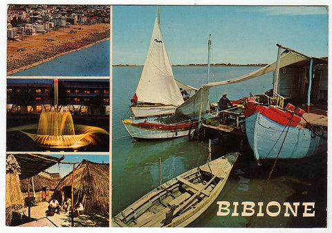 AK Bibione. Dall'aereo. Notturno. Fontana luminosa. Casoni dei pescatori. In Laguna.
