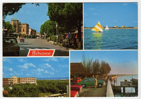 AK Bibione. Viale dei Ginepri a Pineda - Veduta dal mare e panorama. I casoni al porto.