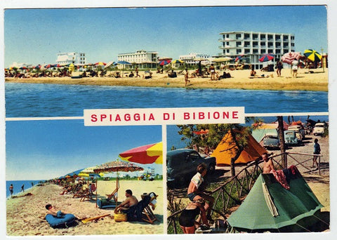 AK Spiaggia di Bibione. Ungelaufen, aber beschrieben mit Briefmarke.