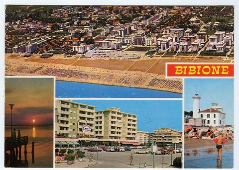 AK Bibione. Panorama aereo Tramonto in laguna - Piazzale Zenith Il faro.