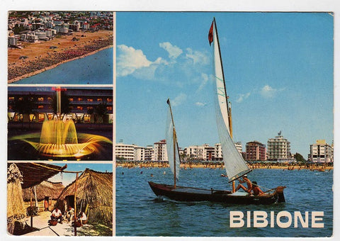 AK Bibione. Dall 'aereo. Notturno - Fontana luminosa - Casoni dei pescatori - Dal mare.