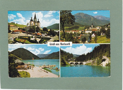 AK Gruß aus Mariazell. Gnadenkirche geg. Gemeindealpe und Ötscher, Erlaufsee,