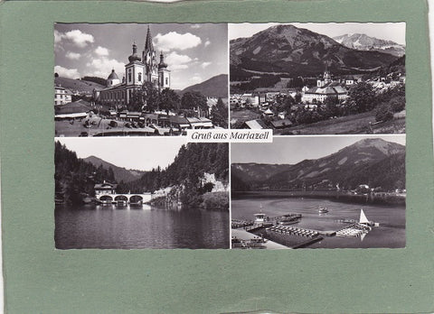 AK Gruß aus Mariazell. Gnadenkirche geg. Gemeindealpe und Ötscher, Erlaufsee,
