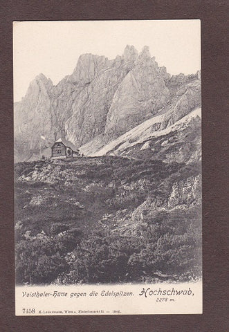 AK Voisthaler-Hütte gegen die Edelspitzen. Hochschwab. (1906)