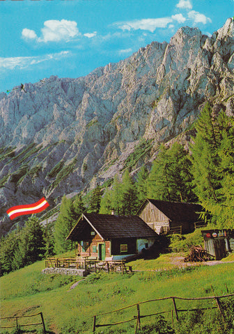AK Florl Hütte auf der Dullwitzalm gegen die Große Gschirrmauer. (Hochschwabgebiet)
