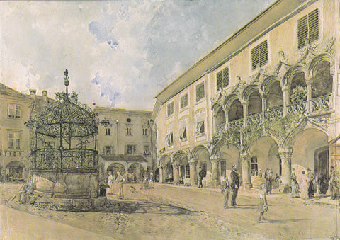AK Bruck an der Mur. Kornmesserhaus, Eiserner Brunnen gemalt von Rudolf v. Alt.