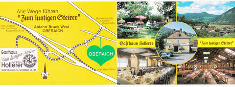 Doppel-Werbe-AK Oberaich 14. Bruck an der Mur. Gasthaus Zum lustigen Steirer. Familie Hollerer.