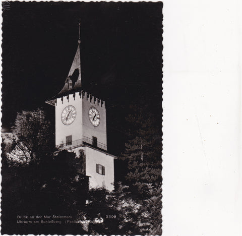AK Bruck an der Mur. Uhrturm am Schloßberg. (Festbeleuchtung)