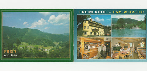 Doppel-Werbe-AK Frein an der Mürz 2. Gasthof Freinerhof. Familie Webster.