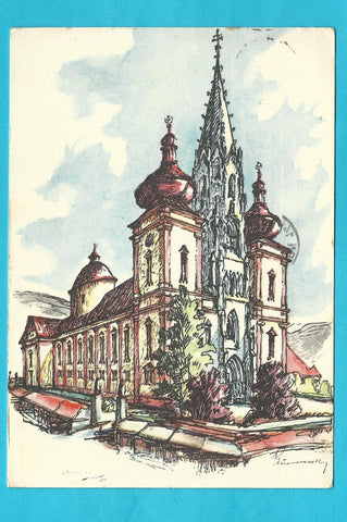 AK Mariazell 1157-1957. Die historische Basilika wurde zur 800-Jahr-Feier vollkommen renoviert, die Außenwände mit Stauss-Gewebe der Stauss A.G. St. Pölten witterungsbeständig verblendet.