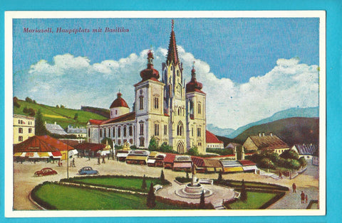 AK Mariazell, Hauptplatz mit Basilika. (1962)