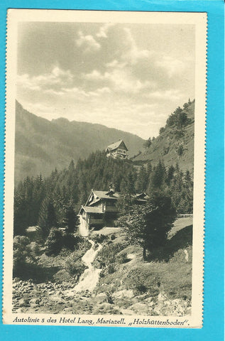 AK Autolinie 5 des Hotel Lang, Mariazell. Holzhüttenboden.