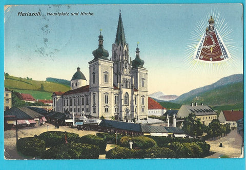 AK Mariazell. Hauptplatz und Kirche.