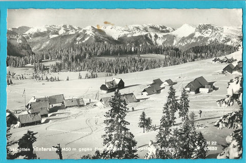 AK Skihütten Hinteralm gegen Hochschwab u. Mürzsteger Alpen. (1958)