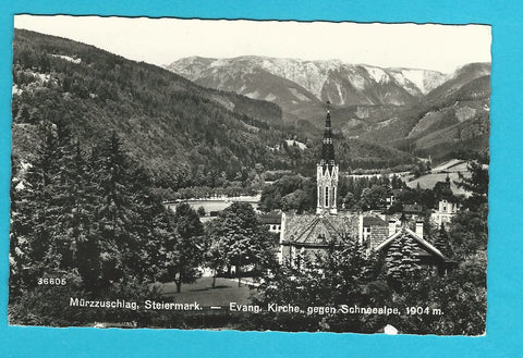 AK Mürzzuschlag. Evang. Kirche gegen Schneealpe. (1963)