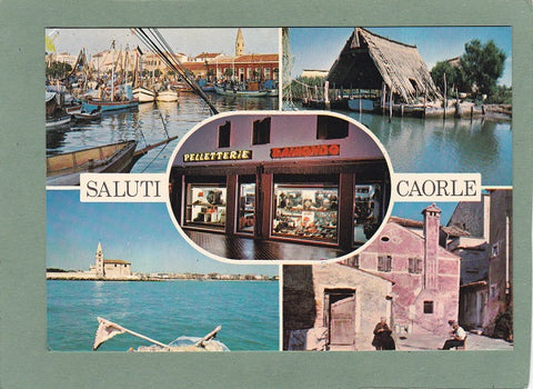 AK Saluti Caorle. Pelletterie Raimondo. Via Rio Terra delle Botteghe 22-24.