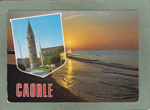 AK Caorle. Tramonto sul mare e chiesa parrocchiale.