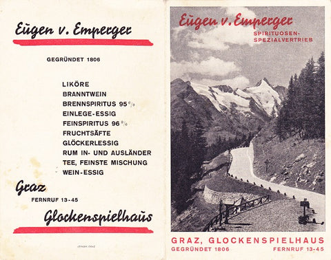 Werbe-Kalender 1937 Eugen v. Emperger Spirituosen-Spezialvertrieb. Graz, Glockenspielhaus gegründet 1806.