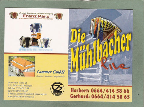 Werbe-Visiten-Karte Die Mühlbacher Live Herbert und Gerhard. Mit verschiendenen Werbeanzei