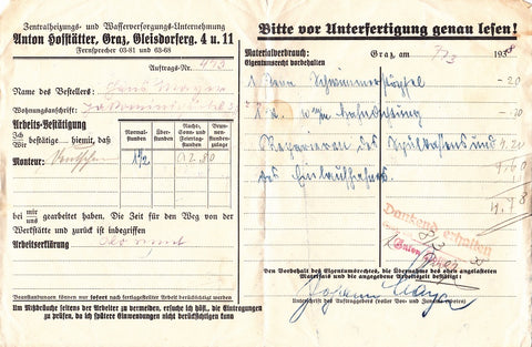 Zentralheizungs- und Wasserversorgungs-Unternehmung Anton Hoffstätter, Graz, Gleisdorferg. 4 u. 11. Auftrag-Nr. 443 vom