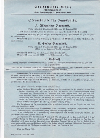 1. Blaues Beiblatt: Stadtwerke Graz, Elektrizitätswerk, Graz, Landhausgasse 15. Stromtarife für Haushalte Graz im Oktober 1938; 2.