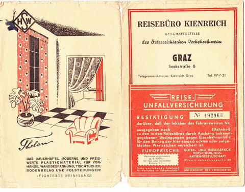 Umschlag für Fahrausweiß Bahn (ÖBB) mit Werbeanzeigen: Reisebüro Keinreich,