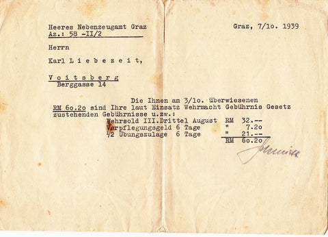 Heeres Nebenzeugamt Graz 7/10.1939. Wehrmacht. Wehrsold