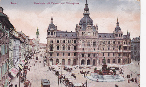 AK Graz. Hauptplatz mit Rathaus und Herrengasse. (1920-21)