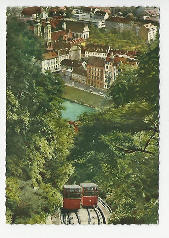 AK Graz. Schloßbergbahn mit Blick auf die Stadt. (1962)