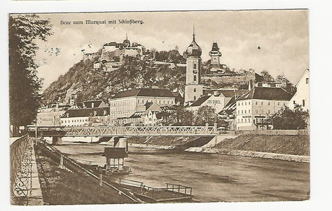 AK Graz vom Murquai mit Schloßberg. Gelaufen mit Sonderstempel Grazer Messe 1924 Jagd- u. Sportausstellung.