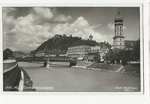 AK Graz, Murbrücke mit Schlossberg. (1930) Gelaufen als Bahnpost Wies-Graz 308.