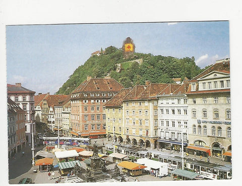 AK Graz, Hauptplatz mit Uhrturm, Bambusgerüst, Logo. Made in Hong Kong steirischer herbst 1995.