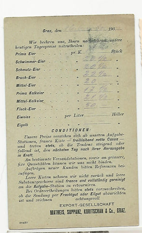Export-Gesellschaft Matheis, Suppanz, Koritschan & Co., Graz. Tagespreise. Gelaufen 1900.