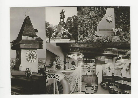 AK MK Tegetthoff – Graz. (Uhrturm – Tegetthoffdenkmal – Bordlokal, Marinedenkmal in Stattegg)