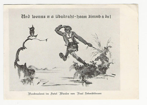 Karte Wandmalerei im Hotel Wiesler von Paul Schmidtbauer. Graz.