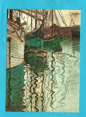 Karte Egon Schiele Segelschiffe in wellenbewegtem Wasser. Neue Galerie Graz.